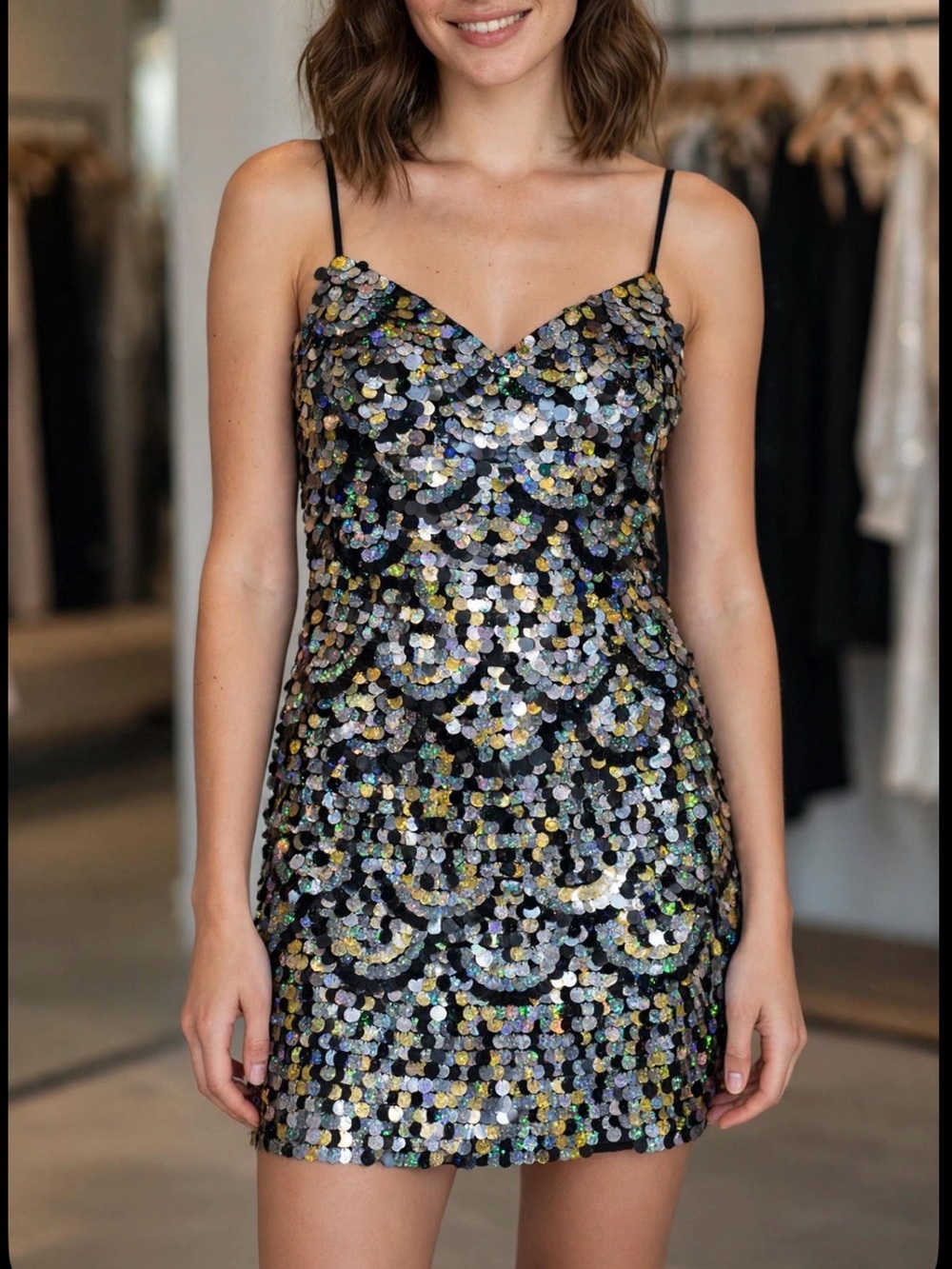 Beyond by Jovani Sequin Slip Dress with V-Neck - Black Iridescent